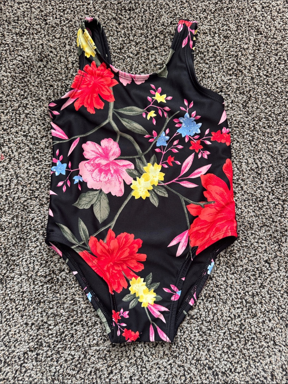 Girls' Black Floral One-Piece Swimsuit with Pink, Red & Yellow Flowers